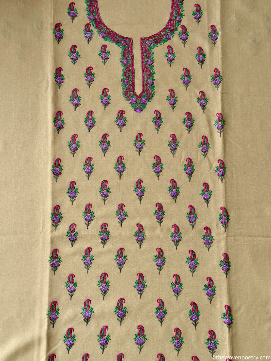 Hand Ari embroidered mulberry cotton suit fabric set in beige  by Woven Poetry