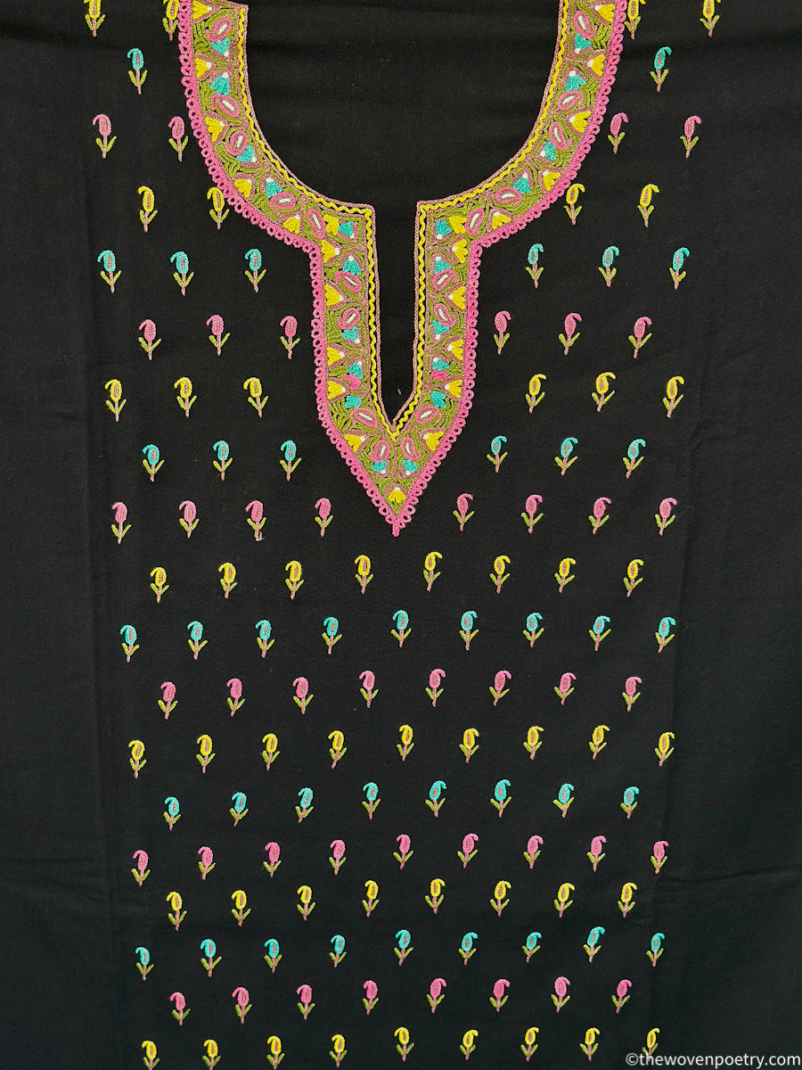 Hand Ari embroidered mulberry cotton suit fabric set in black  by Woven Poetry