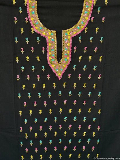 Hand Ari embroidered mulberry cotton suit fabric set in black  by Woven Poetry