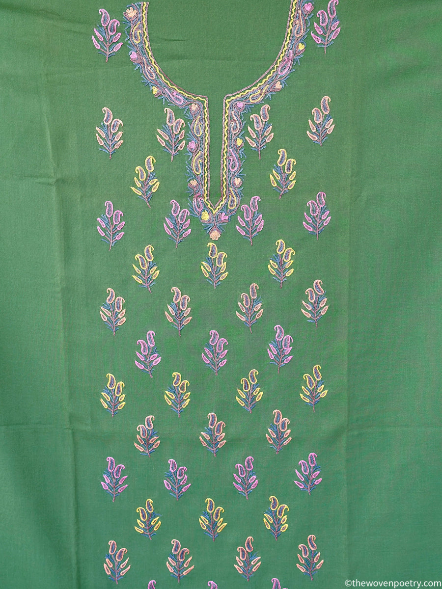 Hand Ari embroidered mulberry cotton suit fabric set in green  by Woven Poetry