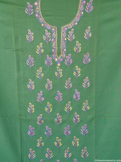 Hand Ari embroidered mulberry cotton suit fabric set in green  by Woven Poetry