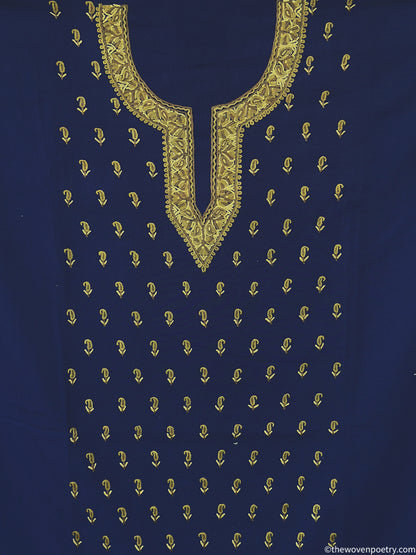 Hand Ari embroidered mulberry cotton suit fabric set in navy blue by Woven Poetry