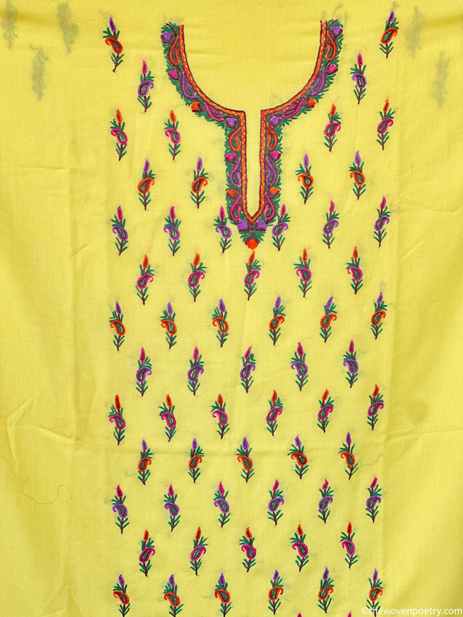 Hand Ari embroidered mulberry cotton suit fabric set in yellow by Woven Poetry