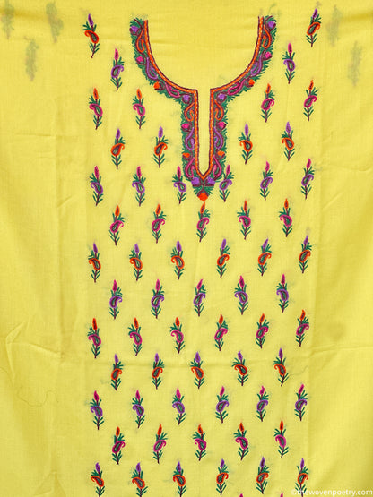 Hand Ari embroidered mulberry cotton suit fabric set in yellow by Woven Poetry