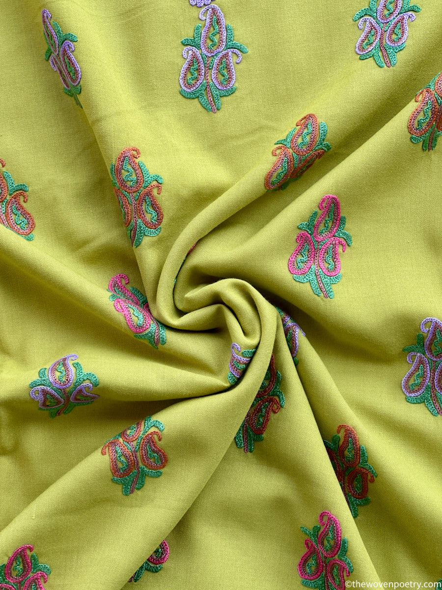 Unstitched mulberry cotton suit set with Ari embroidery in lime green  by Woven Poetry