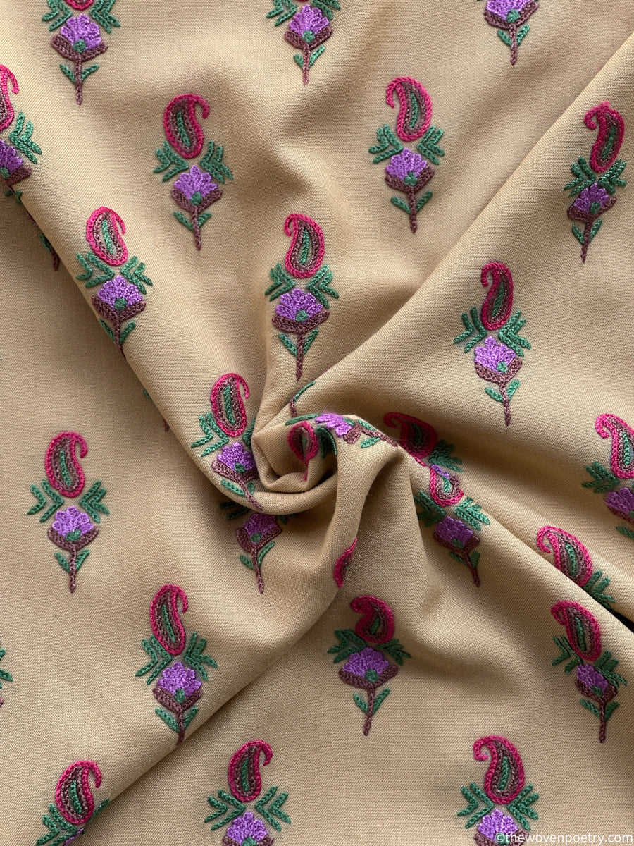 Unstitched mulberry cotton suit set with Ari embroidery in beige by Woven Poetry