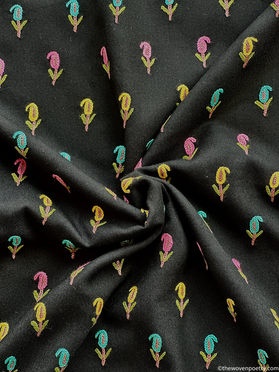 Unstitched mulberry cotton suit set with Ari embroidery in black  by Woven Poetry