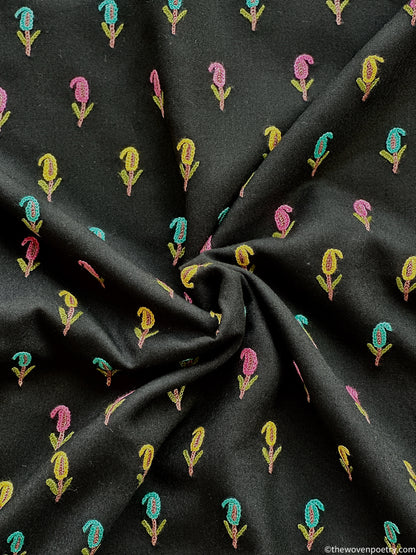 Unstitched mulberry cotton suit set with Ari embroidery in black  by Woven Poetry