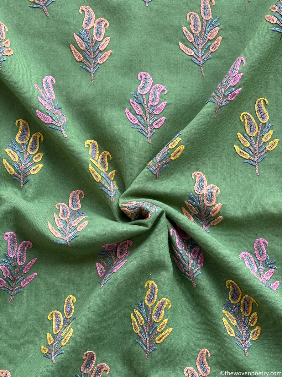 Unstitched mulberry cotton suit set with Ari embroidery in green by Woven Poetry