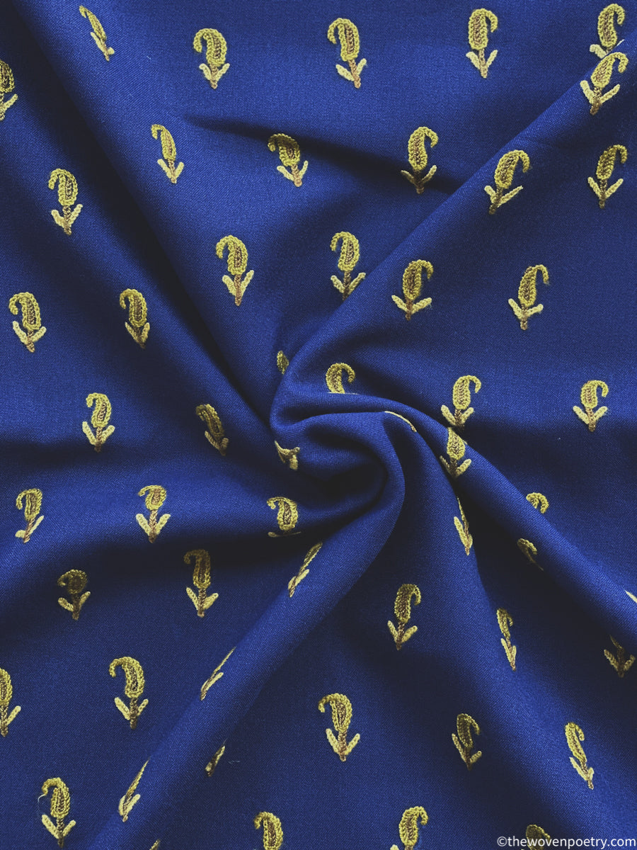 Unstitched mulberry cotton suit set with Ari embroidery in navy blue  by Woven Poetry