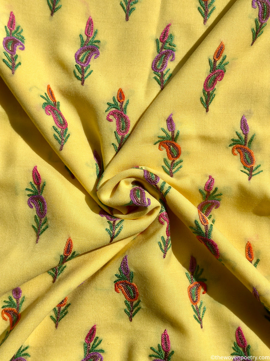 Unstitched mulberry cotton suit set with Ari embroidery in yellow by Woven Poetry