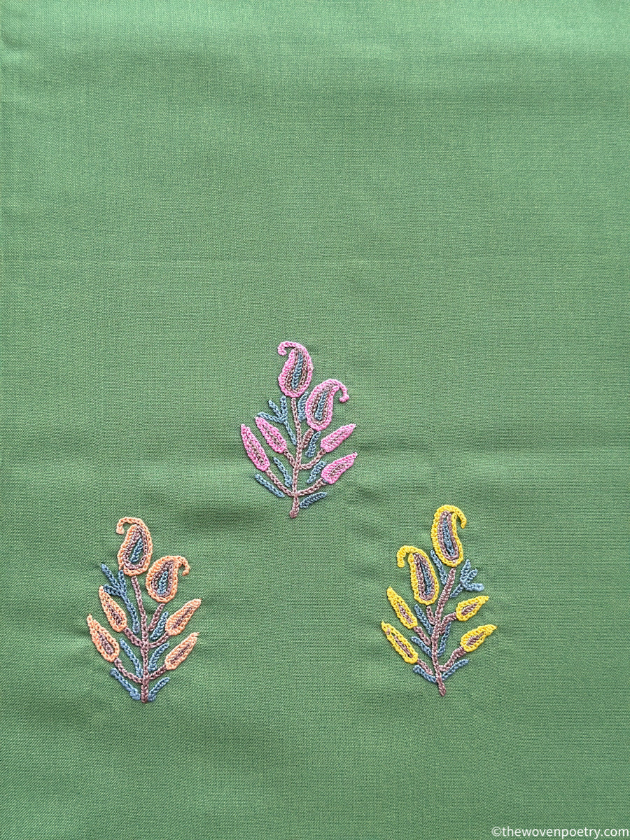 Mulberry cotton suit fabric set 2 piece with Ari work in green  by Woven Poetry