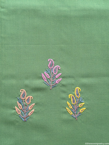 Mulberry cotton suit fabric set 2 piece with Ari work in green  by Woven Poetry