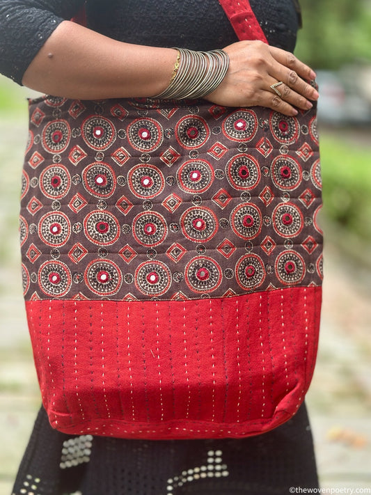 RED BROWN AJRAKH SILK TOTE BAG