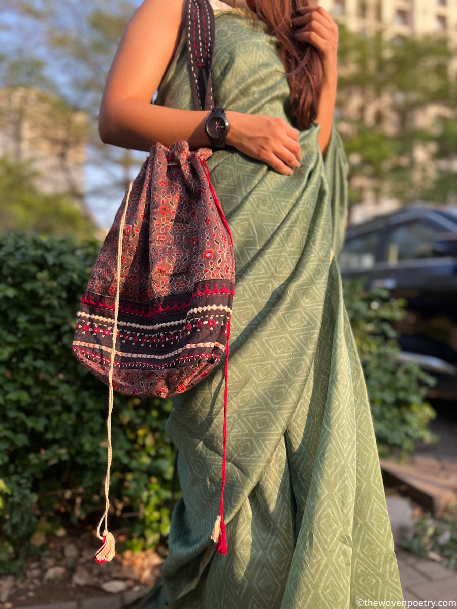 BROWN AJRAKH SILK JHOLA BAG