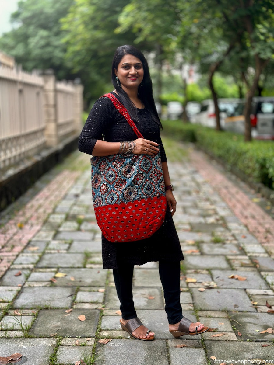 RED INDIGO AJRAKH SILK TOTE BAG
