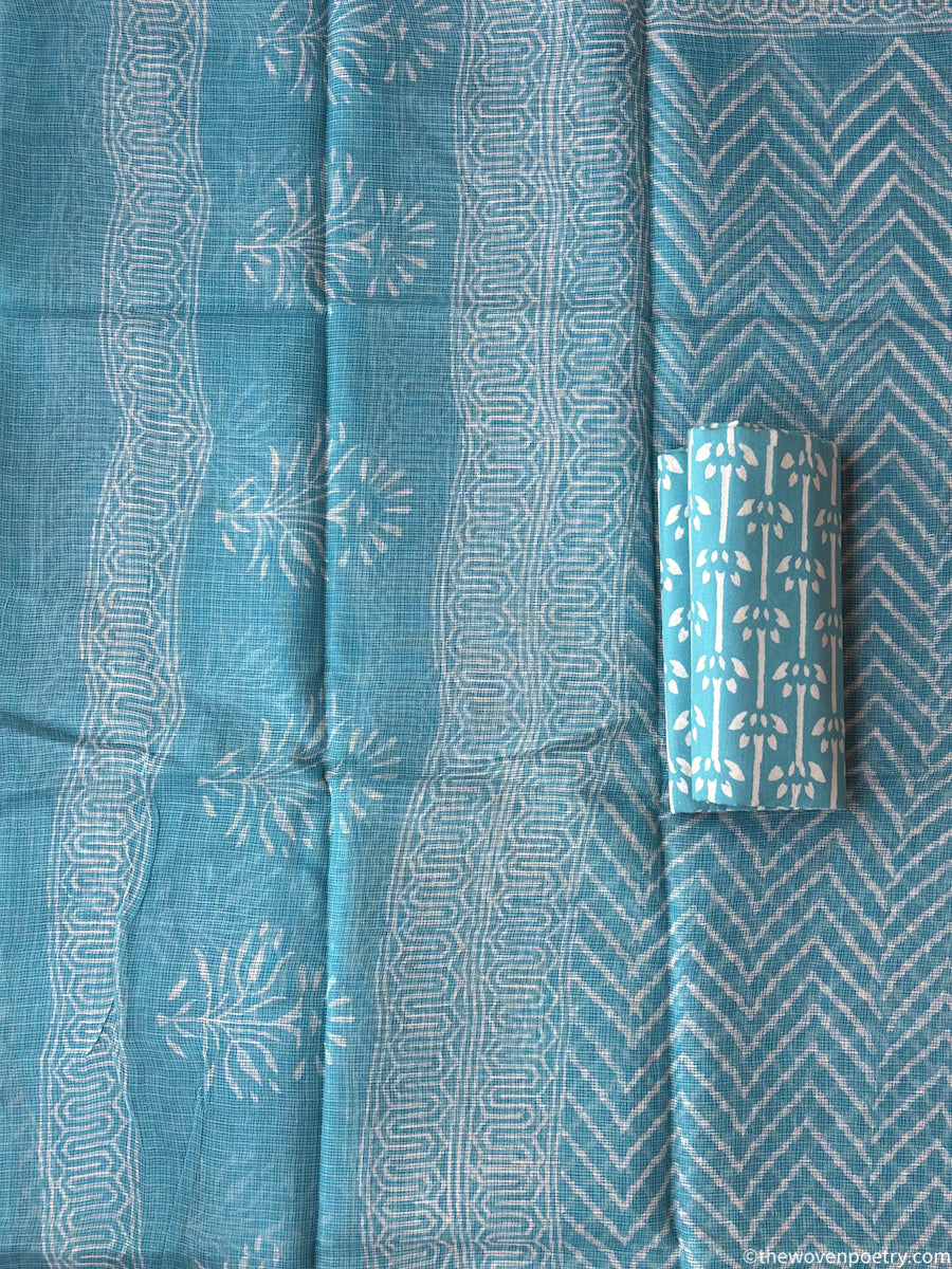 Border detail of Sky blue Bagru hand block printed Kota Doria suit set with dupatta