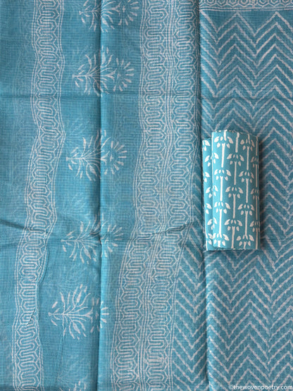 Border detail of Sky blue Bagru hand block printed Kota Doria suit set with dupatta