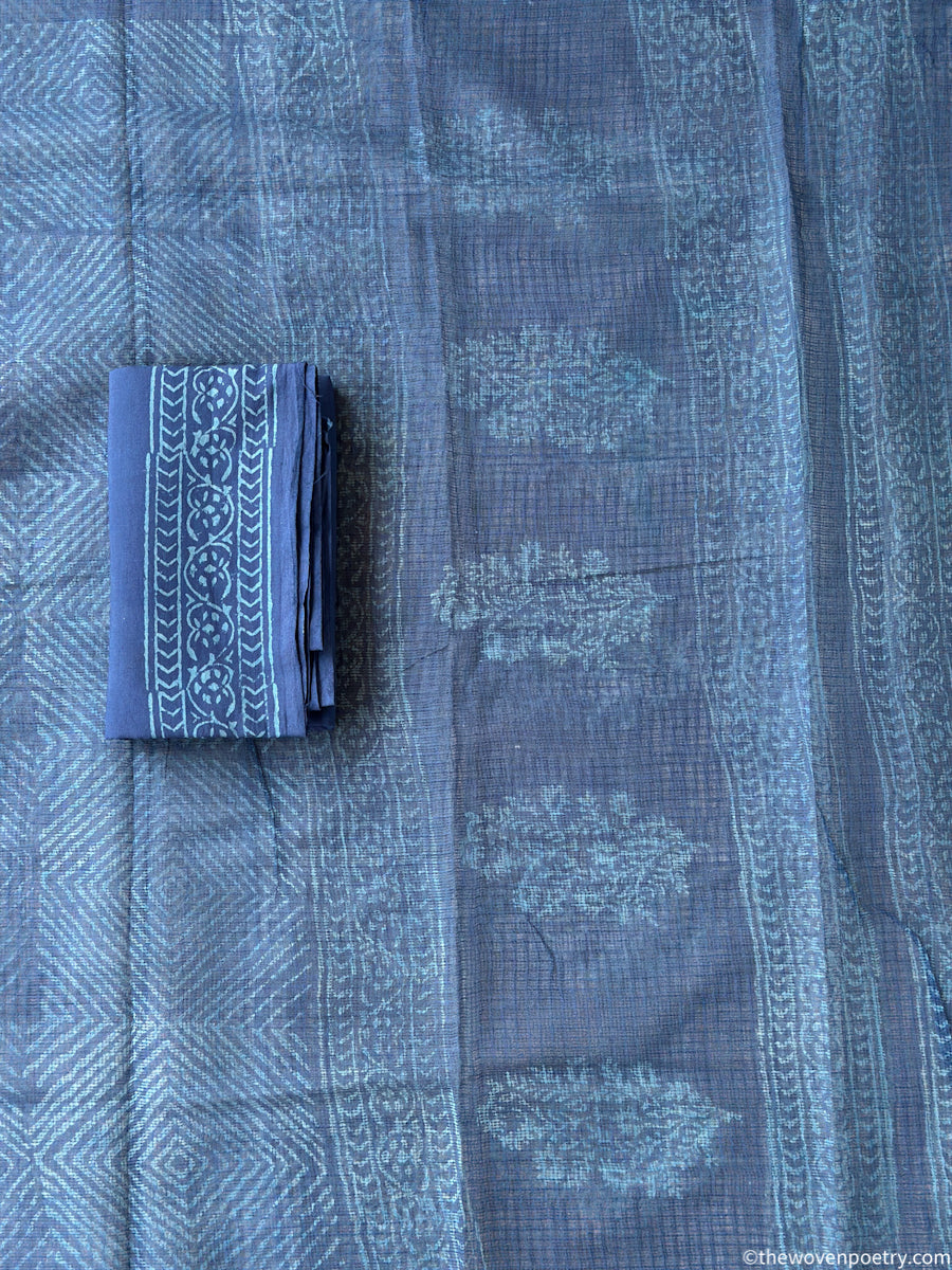 Indigo Border detail of Bagru hand block printed Kota Doria suit set with dupatta