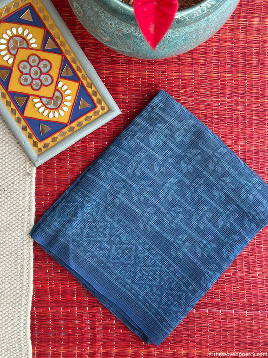 Indigo Floral Bagru print Kota Doria suit set with dupatta by Woven Poetry