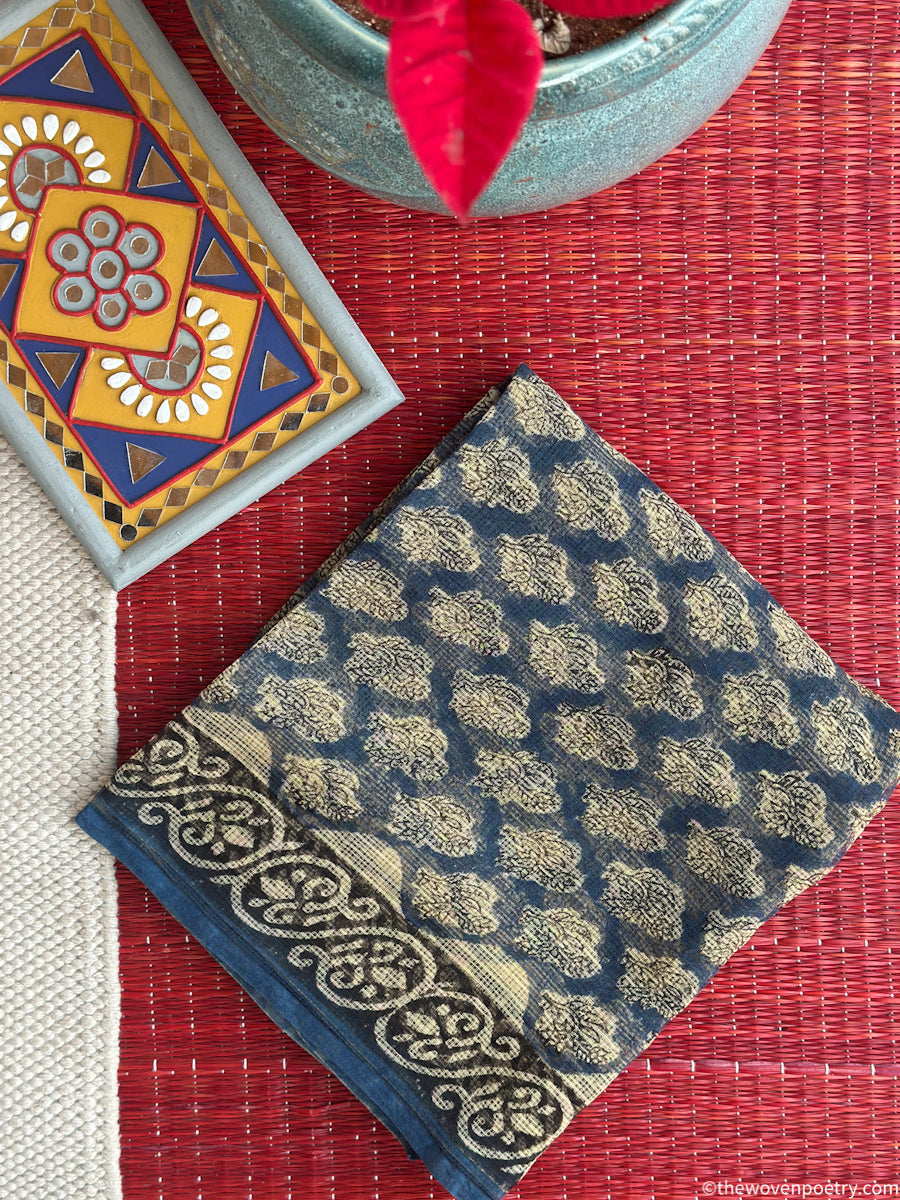 Blue black Bagru hand block printed Kota Doria suit set by Woven Poetry with dupatta and cotton bottom