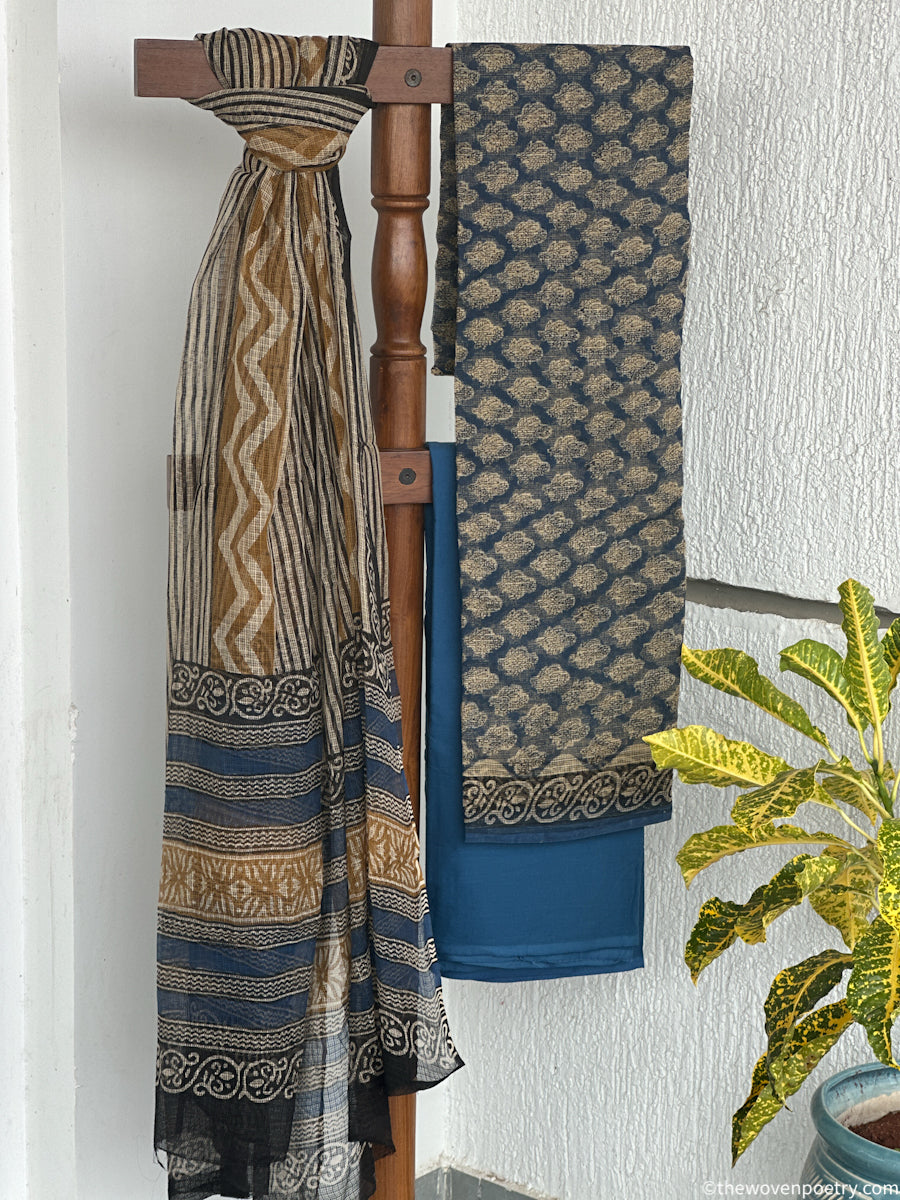 Folded view of Blue bLack Bagru hand block printed Kota Doria suit set by Woven Poetry