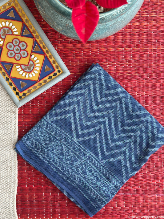 Indigo Bagru hand block printed Kota Doria unstitched suit set by Woven Poetry