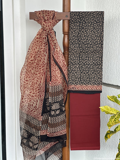 Black Bagru hand block printed Kota Doria suit set by Woven Poetry with dupatta and cotton bottom