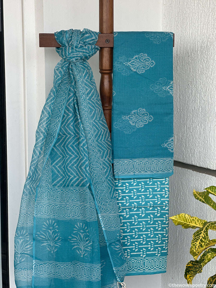 Bagru hand block printed Sky Blue Kota Doria suit set by Woven Poetry with dupatta and cotton bottom