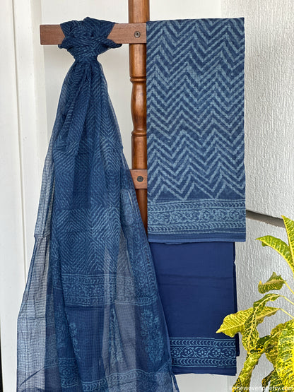 Indigo Bagru hand block printed Kota Doria suit set by Woven Poetry with dupatta and cotton bottom