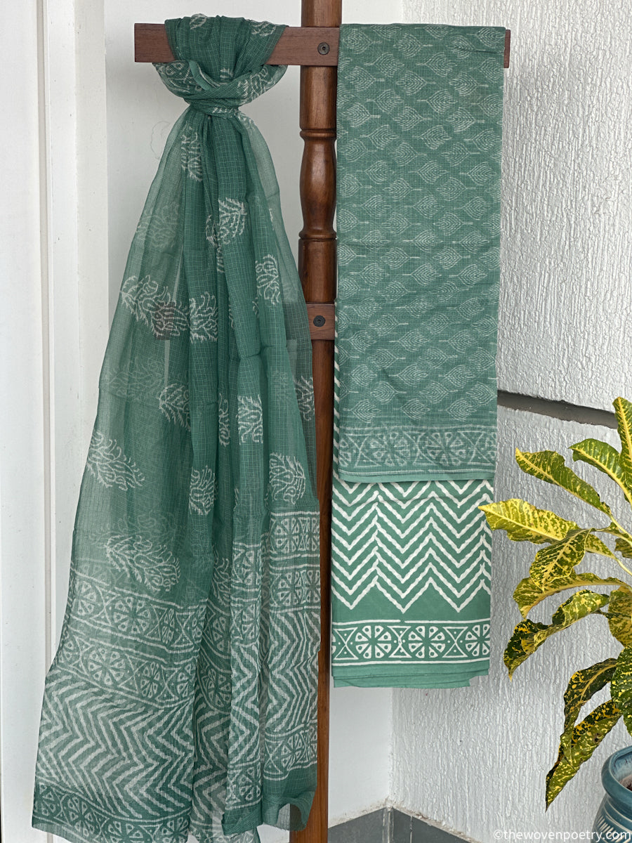Bagru hand block printed Kota Doria suit set by Woven Poetry with dupatta and cotton bottom