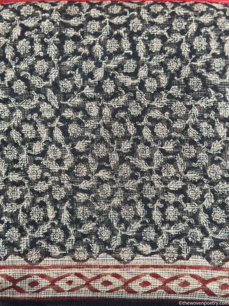 Close-up of Black Kota Doria fabric texture in Bagru hand block printed suit set
