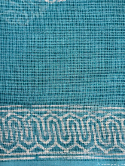 Close-up of Sky Blue Kota Doria fabric texture in Bagru hand block printed suit set