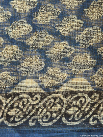 Close-up of Blue black Kota Doria fabric texture in Bagru hand block printed suit set