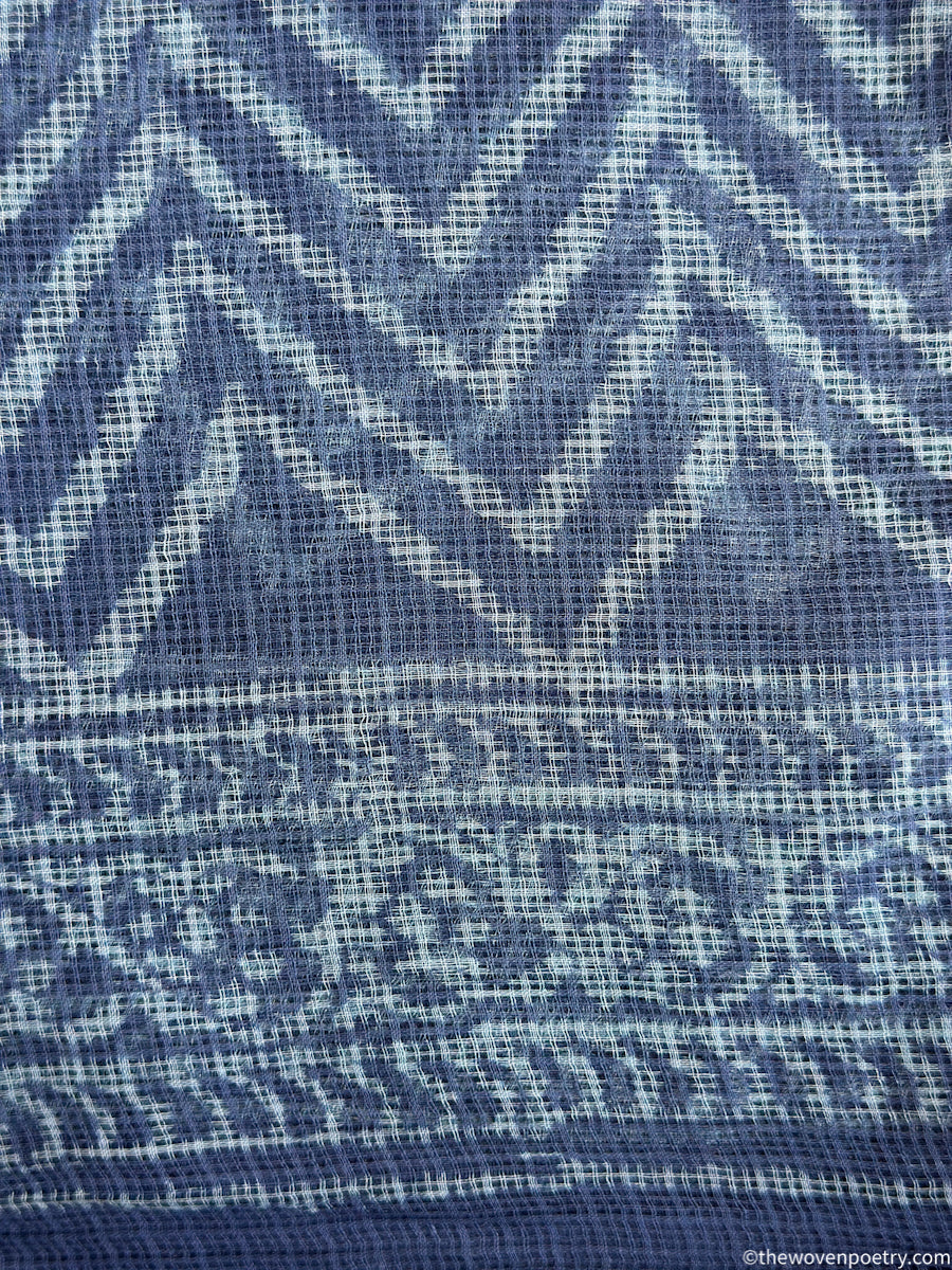 Close-up of Indigo Kota Doria fabric texture in Bagru hand block printed suit set