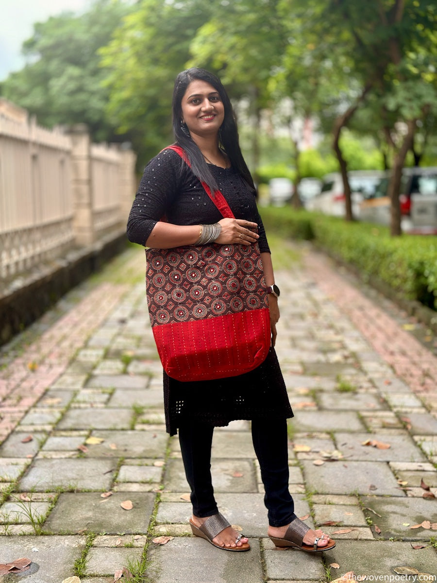 RED BROWN AJRAKH SILK TOTE BAG