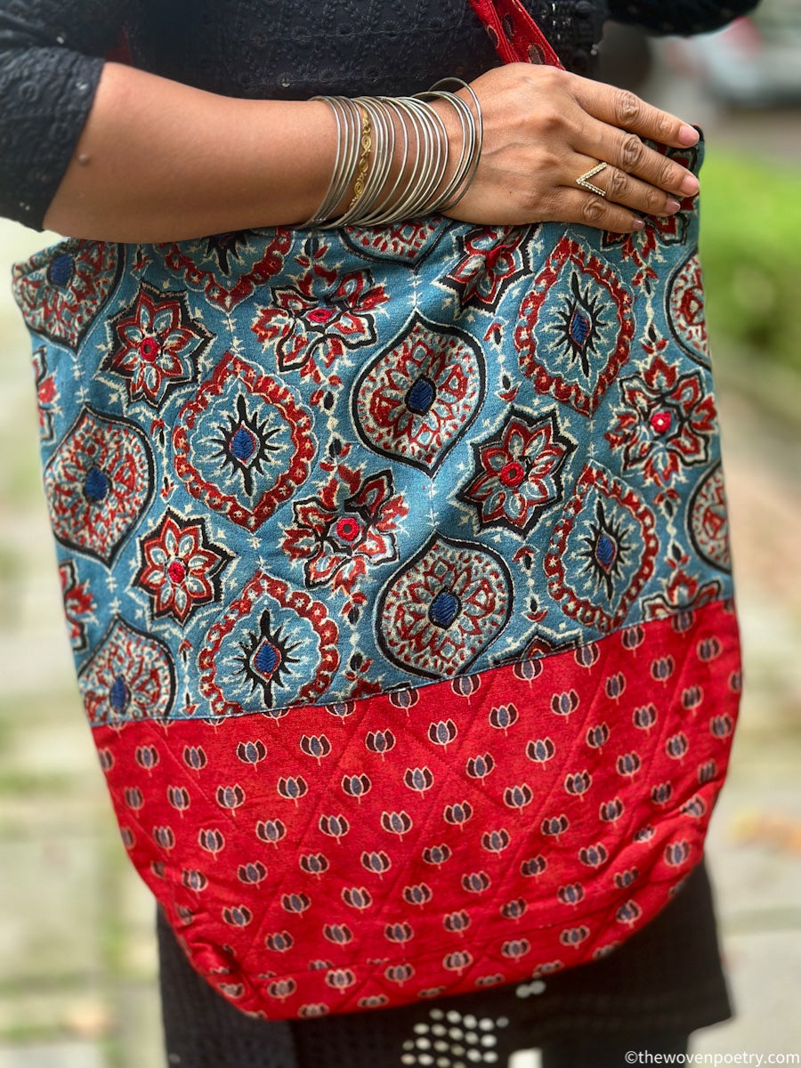 RED INDIGO AJRAKH SILK TOTE BAG