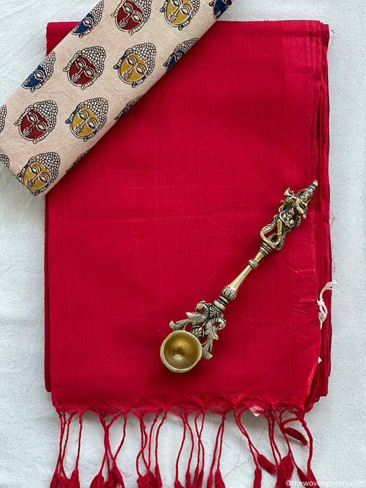 Red cotton saree with Buddha blouse