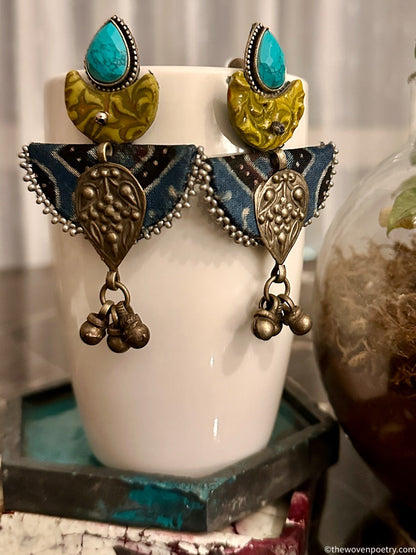 Ajrakh Fabric & Brass Dangler Earrings