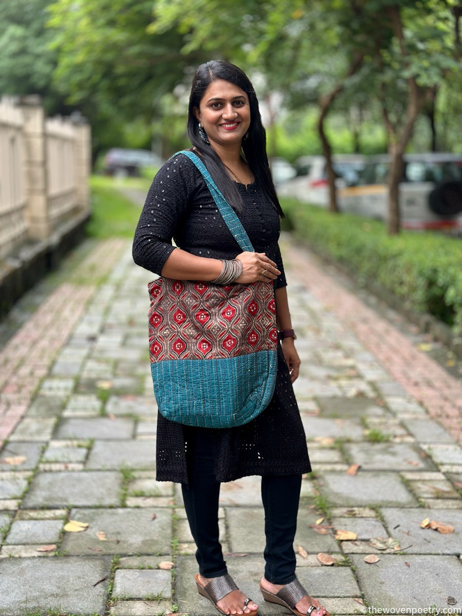 BROWN TEAL AJRAKH SILK TOTE BAG