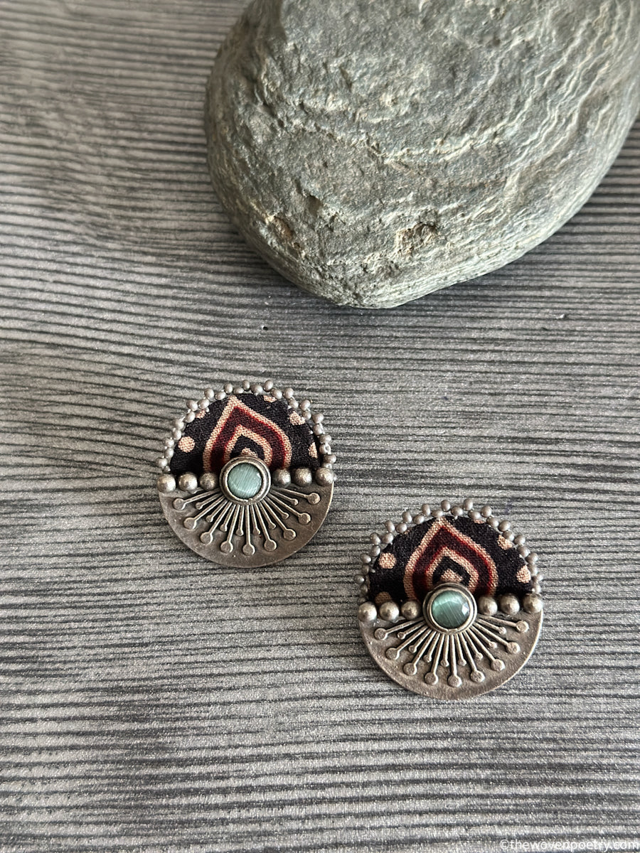 Handcrafted Ajrakh brass stud earrings by Woven Poetry
