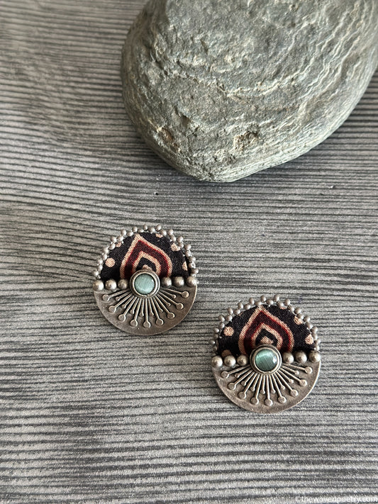 Handcrafted Ajrakh brass stud earrings by Woven Poetry