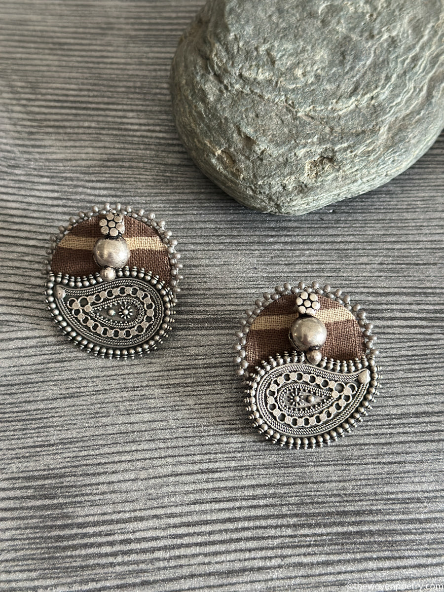 Handmade Ajrakh fabric brass statement stud earrings