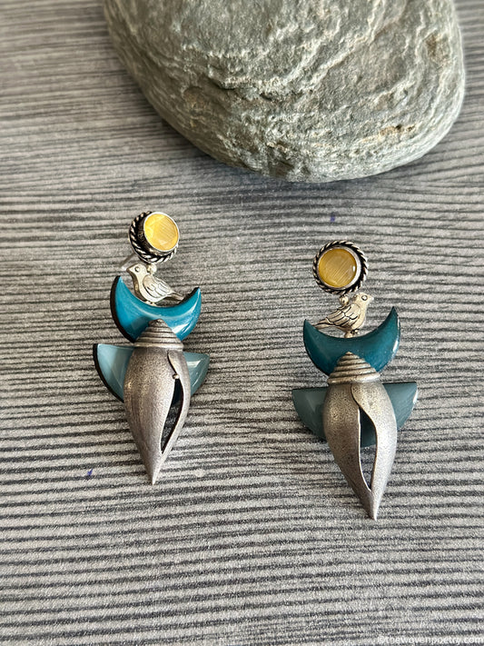 handcrafted brass enamel bird motif dangler earrings