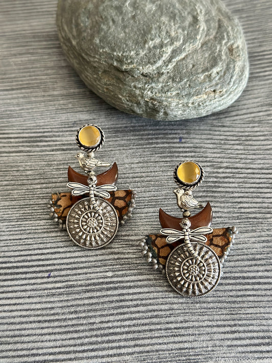 ajrakh brass dragonfly motif dangler earrings handcrafted