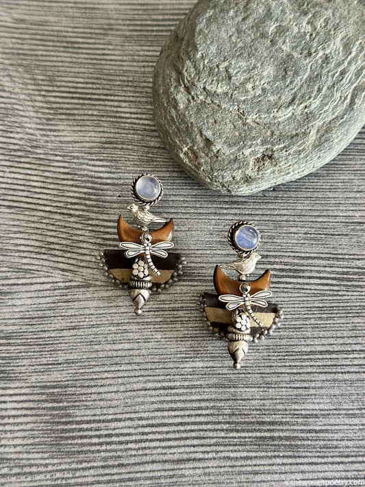 handcrafted ajrakh brass dragonfly dangler earrings