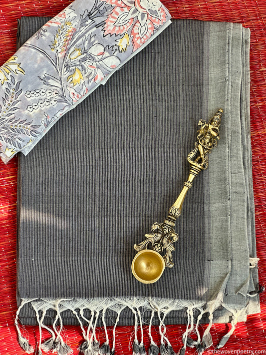 Charcoal grey cotton saree Mangalagiri weave