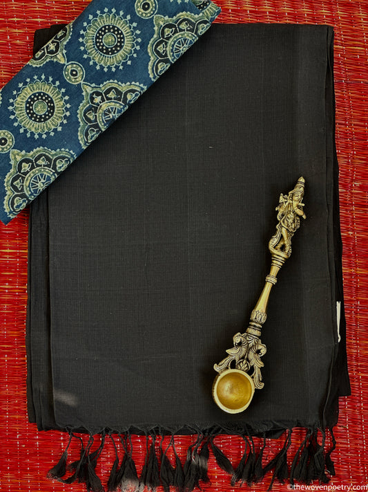 Black cotton saree with Ajrakh blouse Woven Poetry