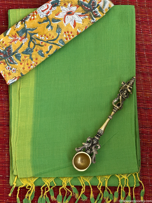 Leaf green Mangalagiri cotton saree with blouse
