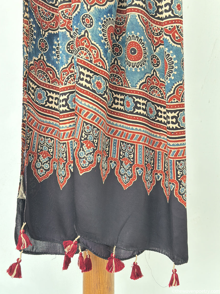 Black modal silk Ajrakh border stole handcrafted by Woven Poetry